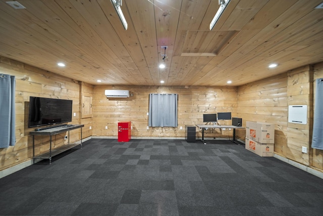 11378 Ann Dr NW, Baltimore, OH 43105 - interior space with wood ceiling, recessed lighting, carpet flooring, and a wall mounted air conditioner