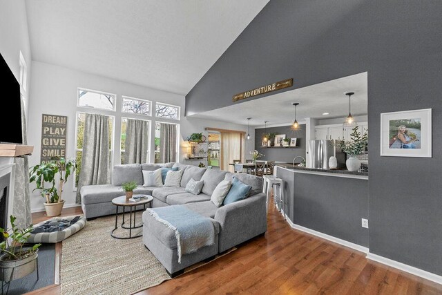 3379 Fishinger Mill Dr, Hilliard, OH 43026 - living area with high vaulted ceiling, wood finished floors, a high end fireplace, and baseboards