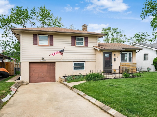 split level home with a chimney, an attached garage, driveway, roof with shingles, and stucco siding