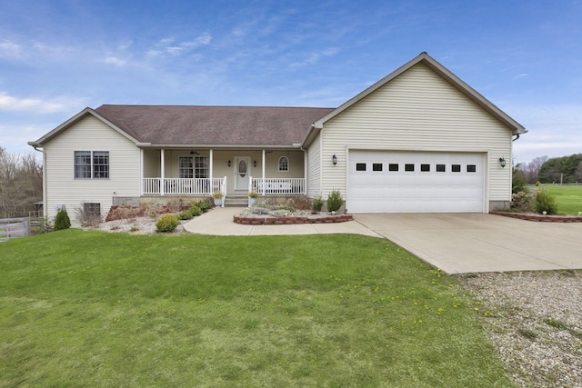 ranch-style house with concrete driveway, roof with shingles, a front lawn, a porch, and a garage