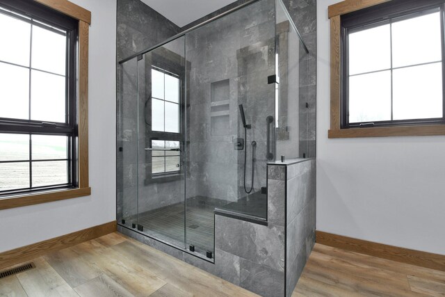 bathroom with visible vents, baseboards, and wood finished floors
