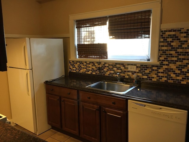 438 E 15th Ave, Columbus, OH 43201 - kitchen featuring white appliances, light tile patterned floors, backsplash, dark countertops, and a sink