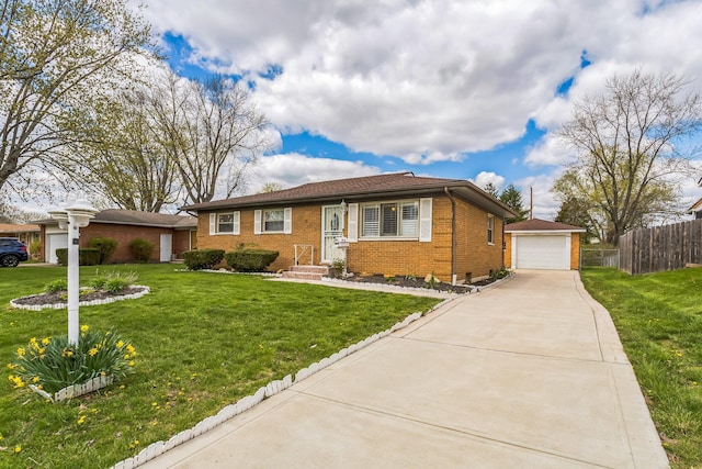5072 Teddy Dr, Columbus, OH 43227 - ranch-style house with a front yard, brick siding, fence, an outbuilding, and driveway