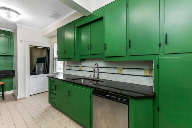 1297 S 4th St, Columbus, OH 43206 - kitchen with backsplash, visible vents, stainless steel dishwasher, a sink, and crown molding