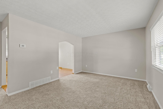 spare room with carpet, a textured ceiling, and visible vents