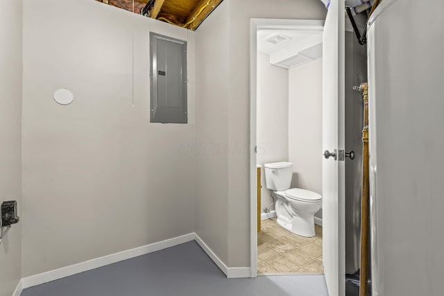 bathroom featuring electric panel, toilet, visible vents, and baseboards