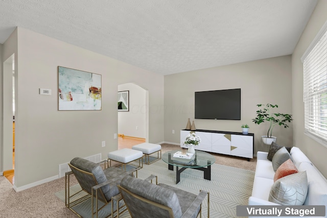 living area with carpet flooring, arched walkways, a textured ceiling, and baseboards
