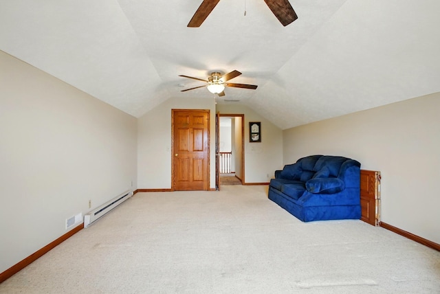 living area with baseboards, light carpet, visible vents, ceiling fan, and a baseboard radiator