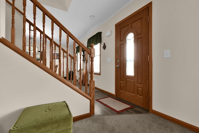 191 Craig Dr, Thornville, OH 43076 - foyer entrance with baseboards, carpet flooring, and stairs