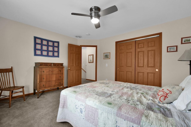 191 Craig Dr, Thornville, OH 43076 - bedroom with a closet, carpet flooring, a ceiling fan, and visible vents
