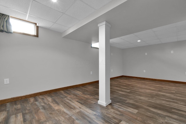 191 Craig Dr, Thornville, OH 43076 - below grade area with a paneled ceiling, baseboards, dark wood finished floors, and recessed lighting