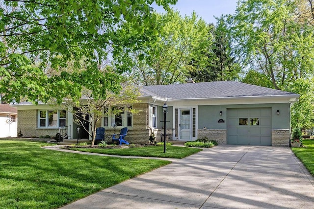 ranch-style house with concrete driveway, an attached garage, a front yard, and brick siding