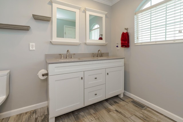 bathroom featuring visible vents, baseboards, a sink, and wood finished floors