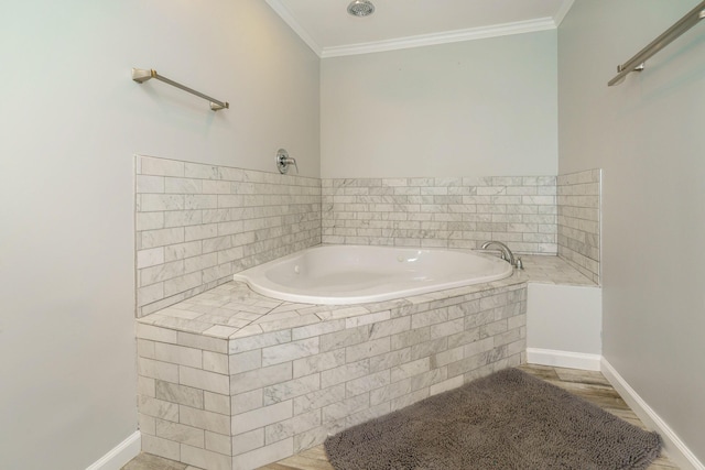full bath featuring a bath, baseboards, and ornamental molding