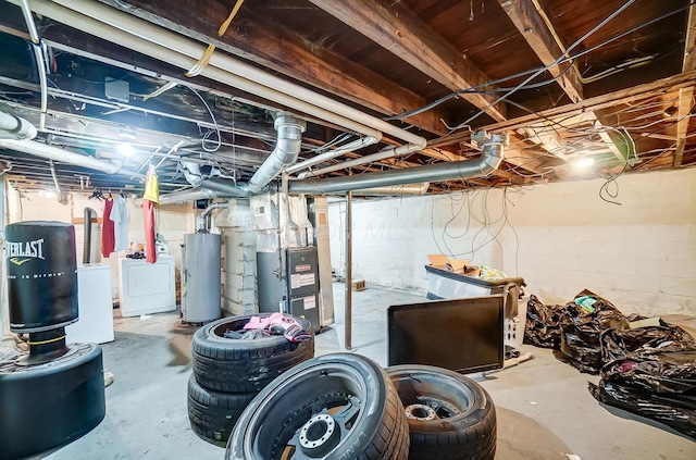 1287 E 19th Ave, Columbus, OH 43211 - unfinished below grade area with water heater, heating unit, and independent washer and dryer