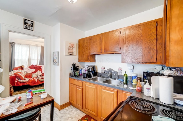 1287 E 19th Ave, Columbus, OH 43211 - kitchen featuring brown cabinetry, black / electric stove, and dark countertops