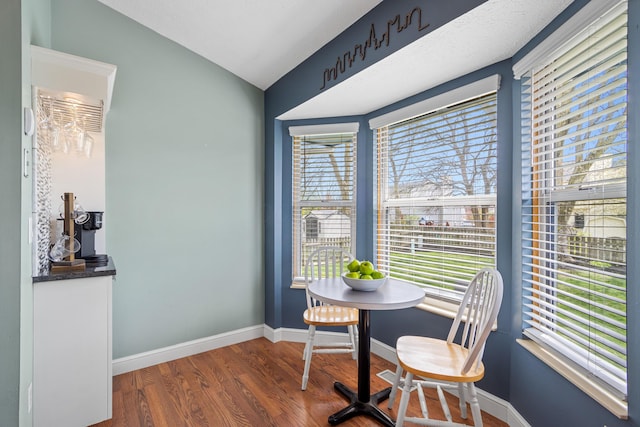 dining room with wood finished floors, a wealth of natural light, lofted ceiling, and baseboards