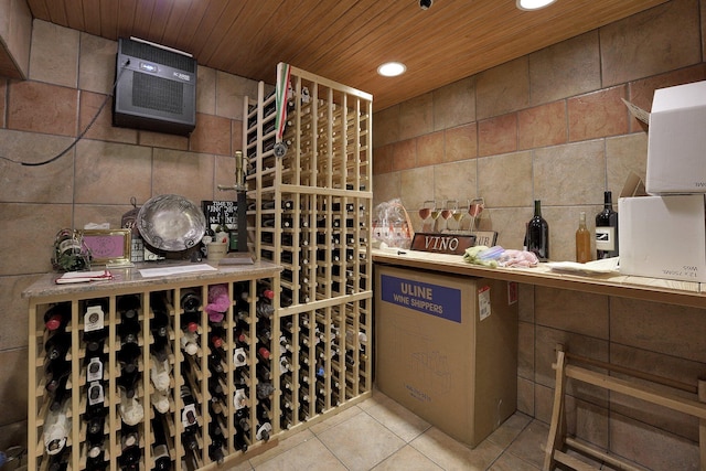 441 Gentlewind Dr, Westerville, OH 43081 - wine area featuring wood ceiling, tile patterned flooring, recessed lighting, and tile walls