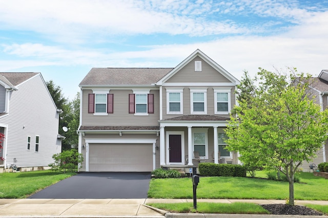 6134 Glade Run Rd, Hilliard, OH 43026 - craftsman house with driveway, a garage, a front lawn, a shingled roof, and a porch