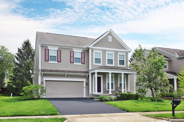 6134 Glade Run Rd, Hilliard, OH 43026 - view of front of house featuring asphalt driveway, covered porch, a garage, a front yard, and a shingled roof