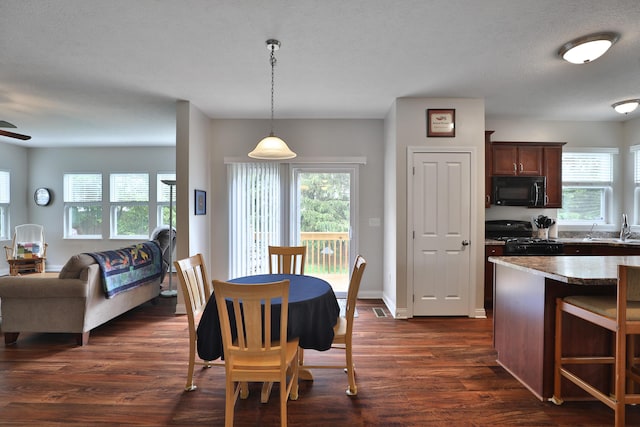 6134 Glade Run Rd, Hilliard, OH 43026 - dining room featuring dark wood finished floors, healthy amount of natural light, and ceiling fan