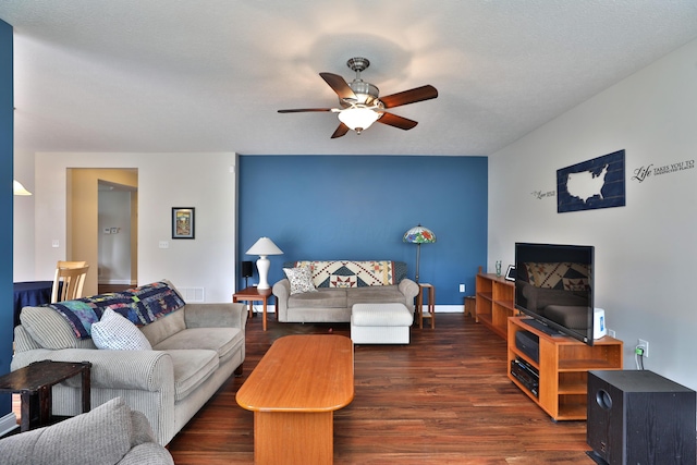 6134 Glade Run Rd, Hilliard, OH 43026 - living room featuring a ceiling fan and dark wood-style flooring