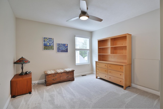 6134 Glade Run Rd, Hilliard, OH 43026 - living area with light carpet, ceiling fan, and baseboards