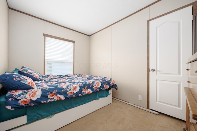 bedroom with crown molding and light colored carpet