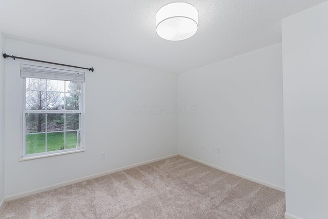 spare room with baseboards and light carpet