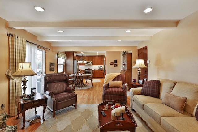 5580 Millington Rd, Columbus, OH 43235 - living area featuring beamed ceiling, recessed lighting, and light wood-style flooring