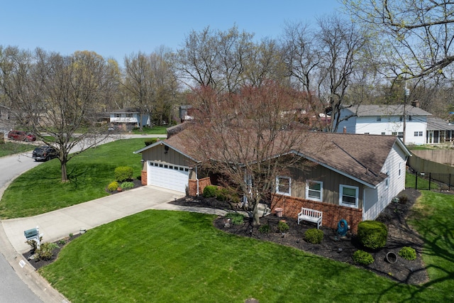 5580 Millington Rd, Columbus, OH 43235 - view of front facade with board and batten siding, brick siding, fence, a front lawn, and concrete driveway