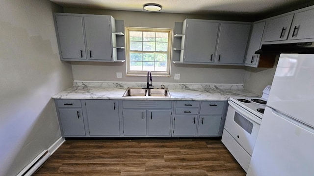 kitchen with a baseboard heating unit, white appliances, open shelves, under cabinet range hood, and a sink