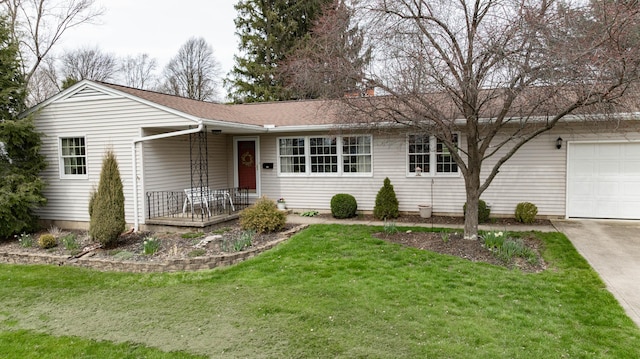 ranch-style house featuring roof with shingles, driveway, a front lawn, a porch, and a garage