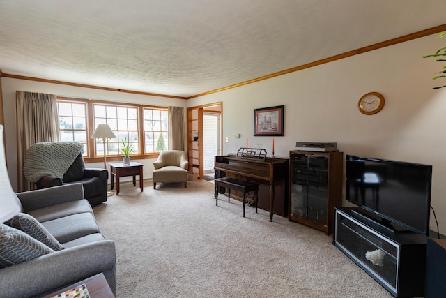 living room with crown molding and carpet