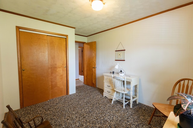 carpeted office featuring ornamental molding
