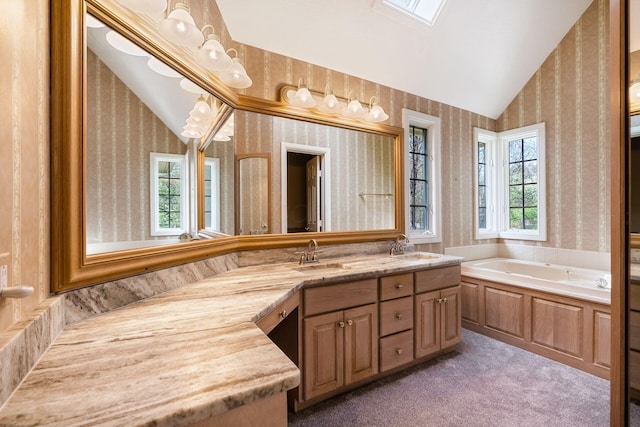 1354 Hemlock Ct NE, Lancaster, OH 43130 - bathroom featuring lofted ceiling, a sink, wallpapered walls, and a wealth of natural light