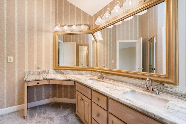 1354 Hemlock Ct NE, Lancaster, OH 43130 - bathroom with wallpapered walls, double vanity, and a sink