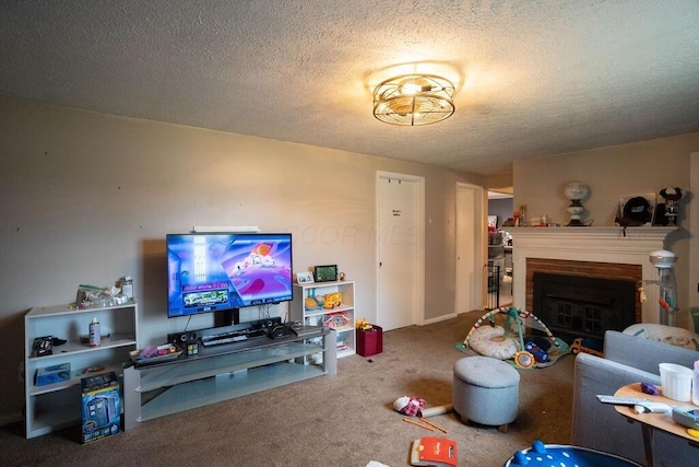 living room with carpet, a fireplace, and a textured ceiling