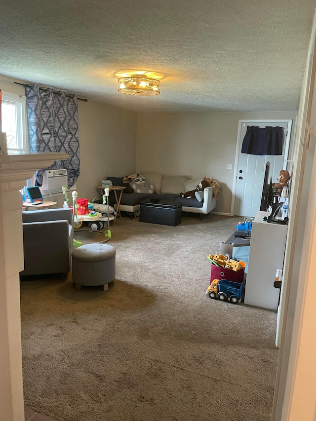 carpeted living area with a textured ceiling