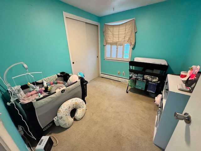 751 Vicksburg Dr, Mansfield, OH 44904 - bedroom featuring a baseboard radiator, a closet, and light carpet