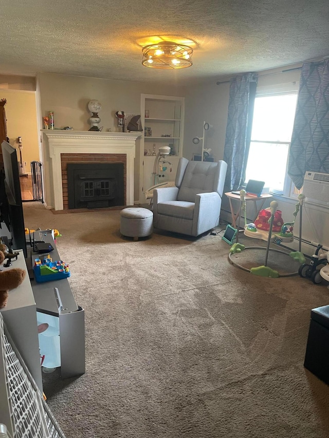 751 Vicksburg Dr, Mansfield, OH 44904 - carpeted living area with a textured ceiling and a brick fireplace