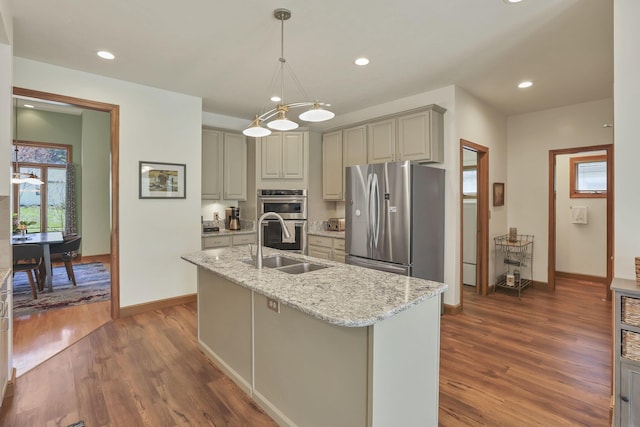 665 Cherrington Rd, Westerville, OH 43081 - kitchen with baseboards, a sink, appliances with stainless steel finishes, and gray cabinets