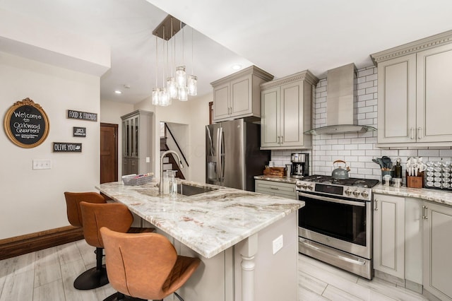 870 Oakwood Ave, Columbus, OH 43206 - kitchen featuring wall chimney exhaust hood, a sink, tasteful backsplash, gray cabinets, and appliances with stainless steel finishes