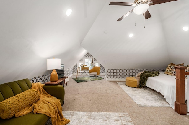 870 Oakwood Ave, Columbus, OH 43206 - bedroom with recessed lighting, lofted ceiling, carpet floors, and a ceiling fan