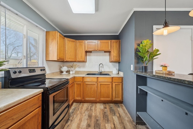 kitchen featuring light wood finished floors, backsplash, a sink, crown molding, and stainless steel electric range oven