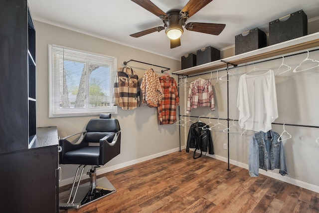 office area featuring crown molding, wood finished floors, a ceiling fan, and baseboards