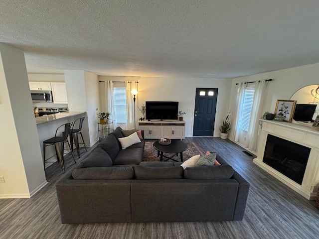 living room featuring dark wood-style flooring, baseboards, a textured ceiling, and a fireplace