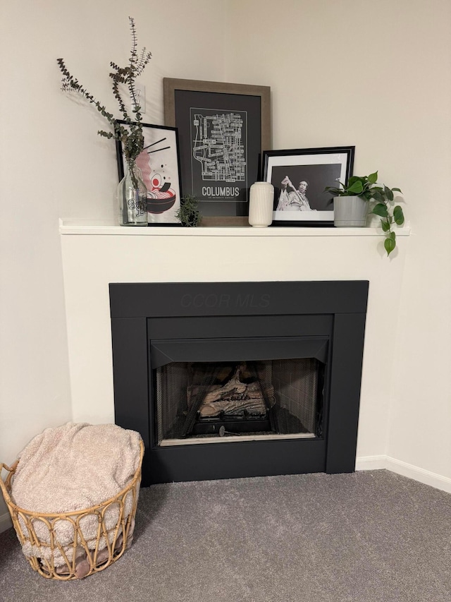 interior details with baseboards, carpet flooring, and a fireplace