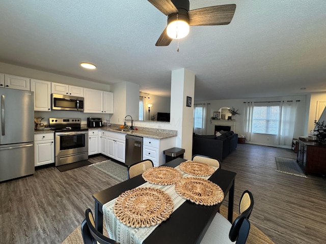 kitchen featuring a fireplace, white cabinets, dark wood-style flooring, a sink, and stainless steel appliances