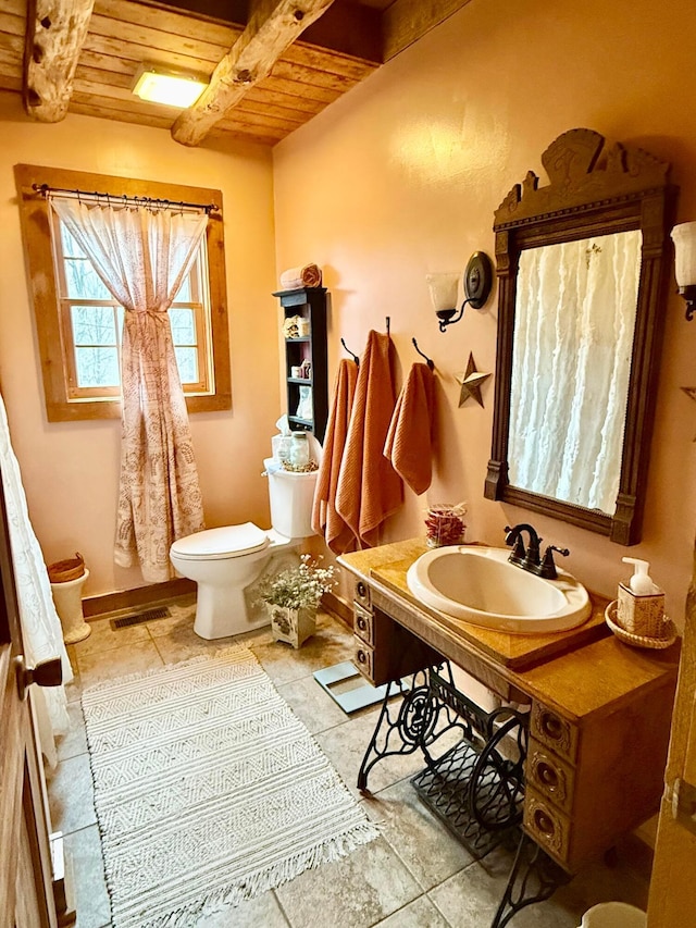 full bathroom with visible vents, wooden ceiling, toilet, beam ceiling, and vanity